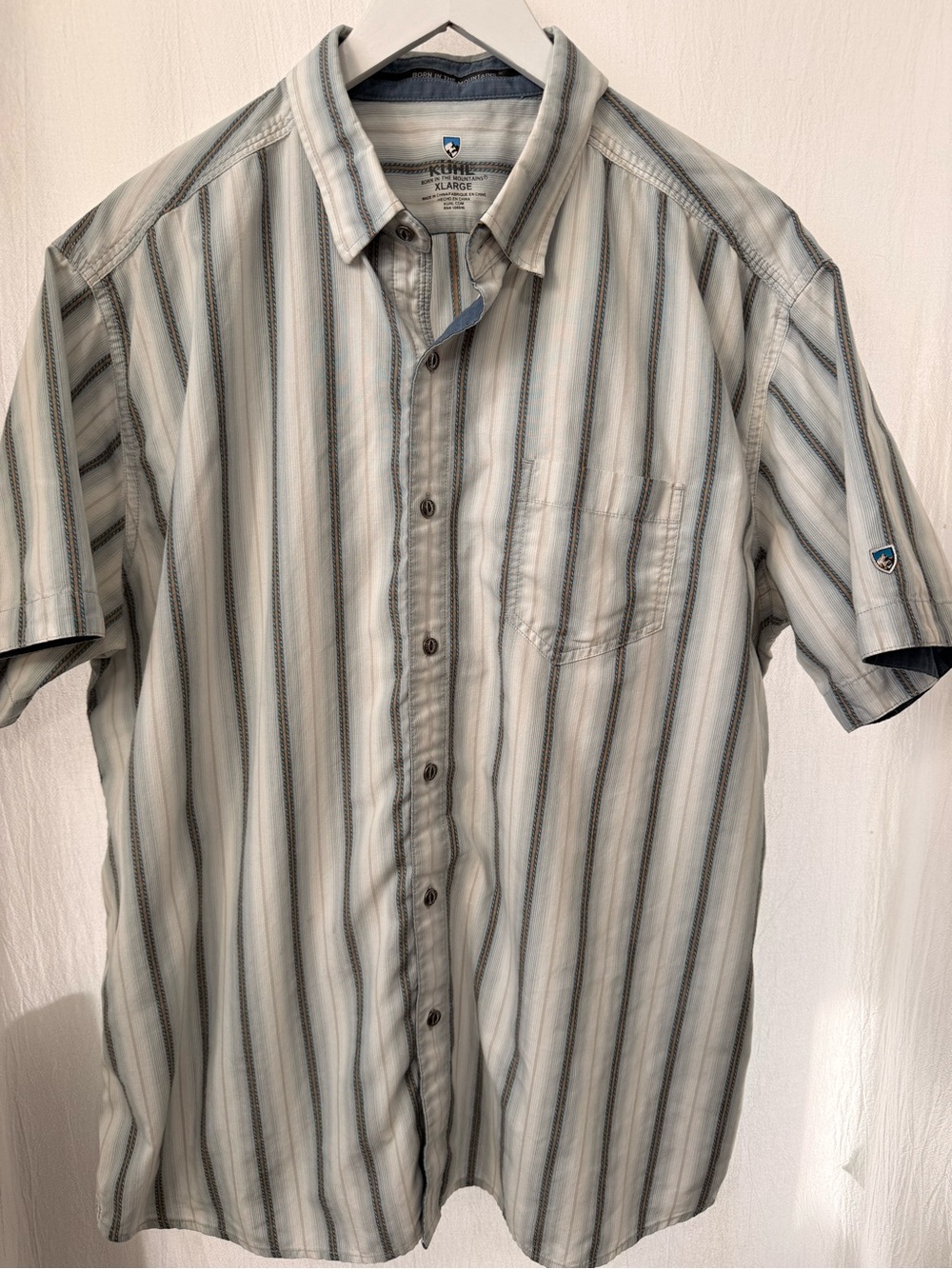 Kuhl Cotton-Blend Camp Shirt in Light Gray with Blue Stripe, sz XL